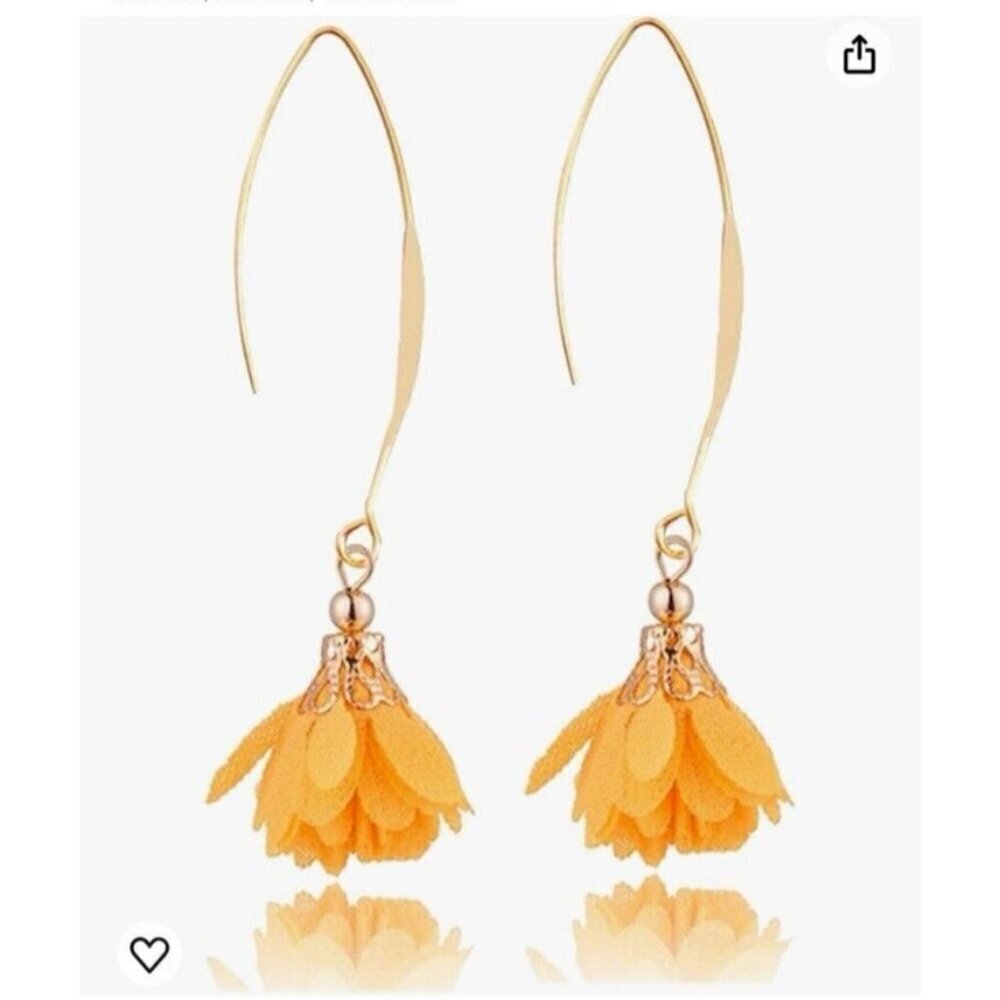 Dainty Yellow Cloth Flower Dangle Goldtone Fancy Earwire Earrings